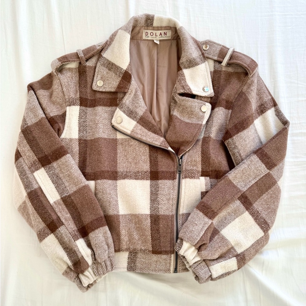 NWOT Anthropologie Dolan Moto Jacket – Brown & Cream Plaid (XS)